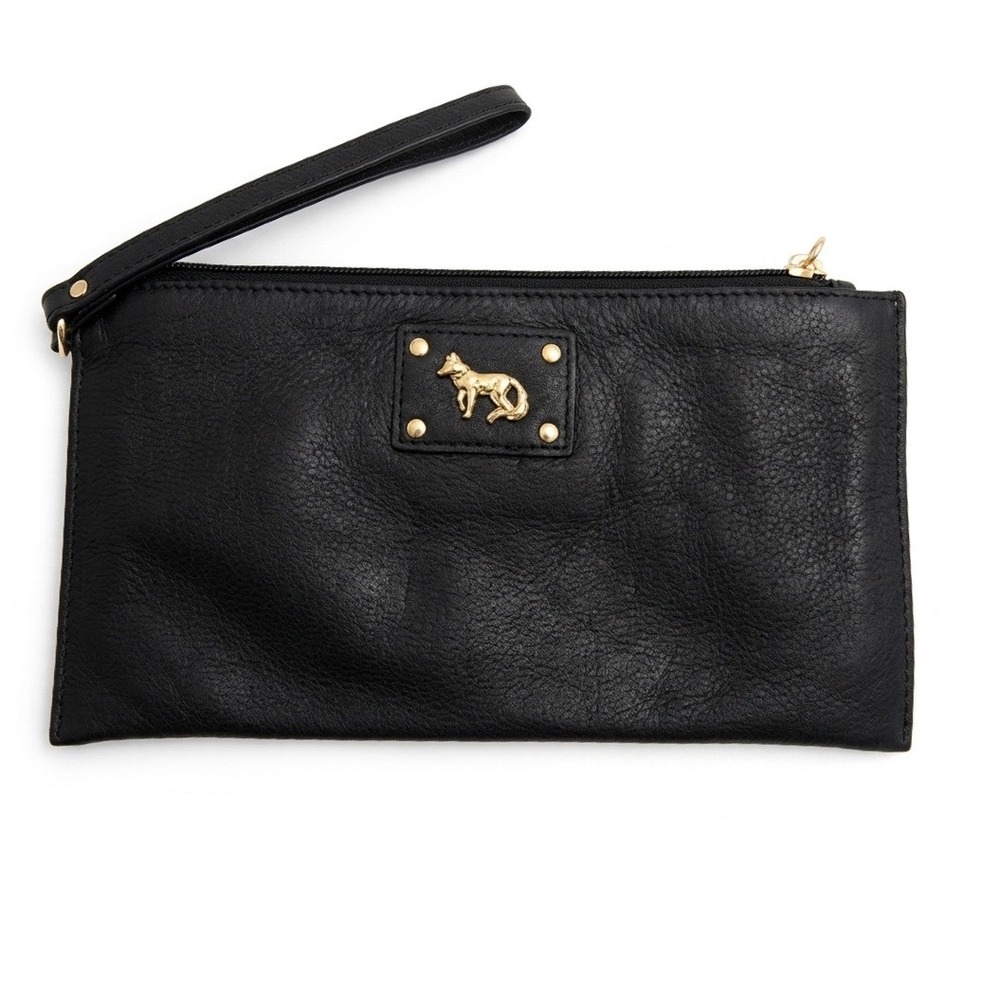 Emma Fox Black Pebbled Leather Wristlet Gold Fox Logo Studded Clutch Bag Small